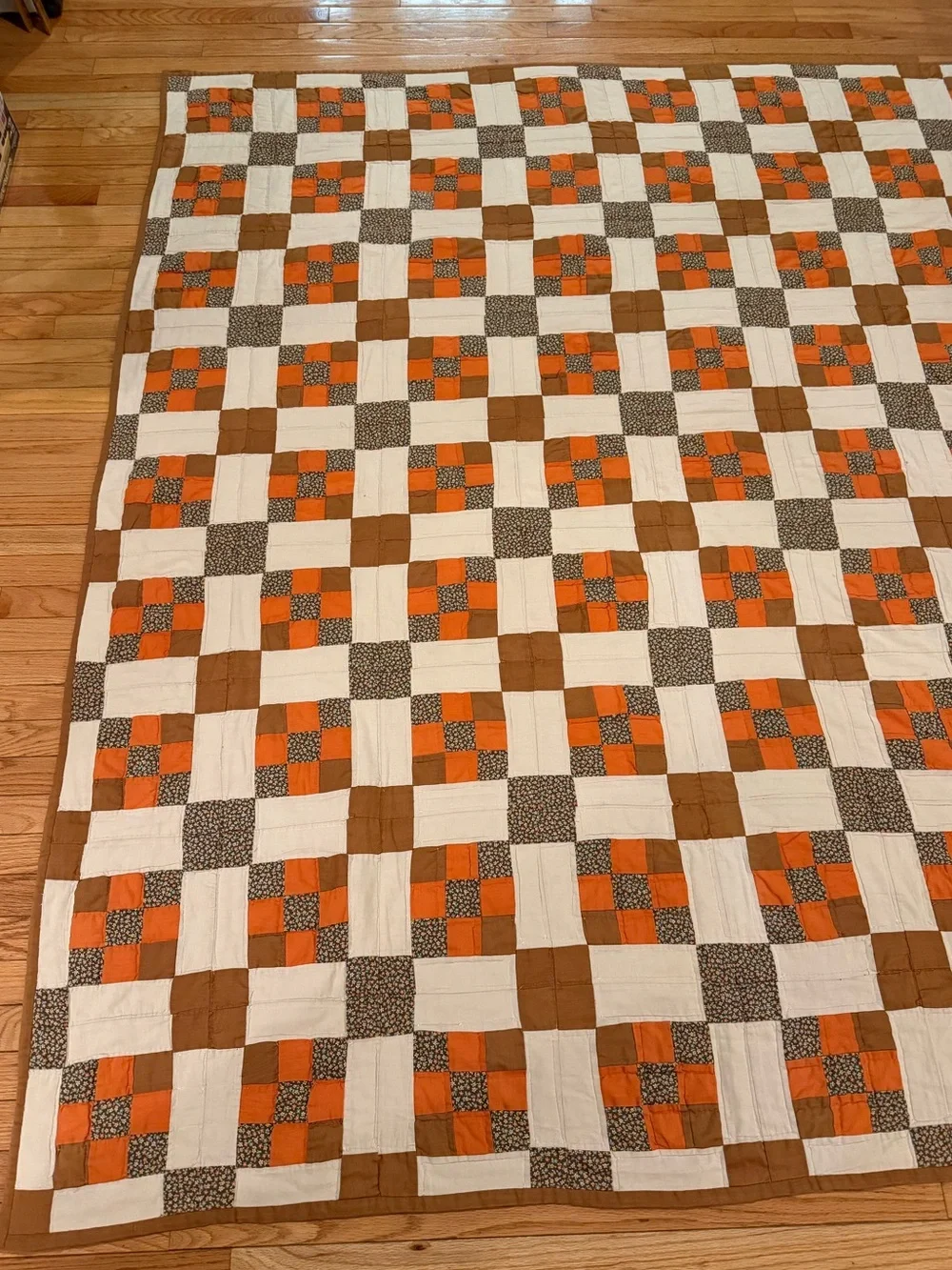 VTG Handmade Appalachian Granny Patchwork Quilt Cream, Orange & Brown 85 x 75